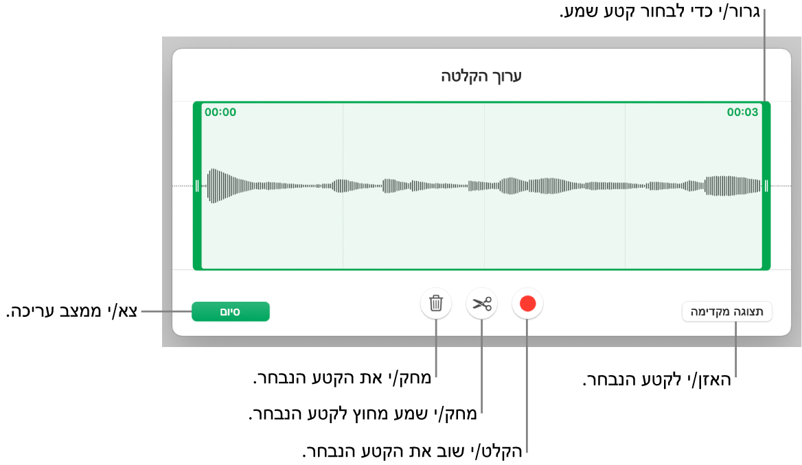 כלי הבקרה לעריכת שמע שהוקלט. ידיות האחיזה מציינות את המקטע שנבחר מתוך ההקלטה, והכפתורים ״תצוגה מקדימה״, ״הקלט״, ״חתוך״, ״מחק״ ו״מצב עריכה״ נמצאים מתחת.