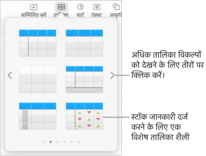 तालिका मेनू द्वारा नीचे दाएँ कोने में स्टॉक जानकारी दर्ज करने के लिए तालिका शैली का थंबनेल विशेष शैली के साथ दिखाया जा रहा है। नीचे दिए गए छह डॉट दर्शाते हैं कि आप अधिक शैलियाँ देखने के लिए स्वाइप कर सकते हैं।