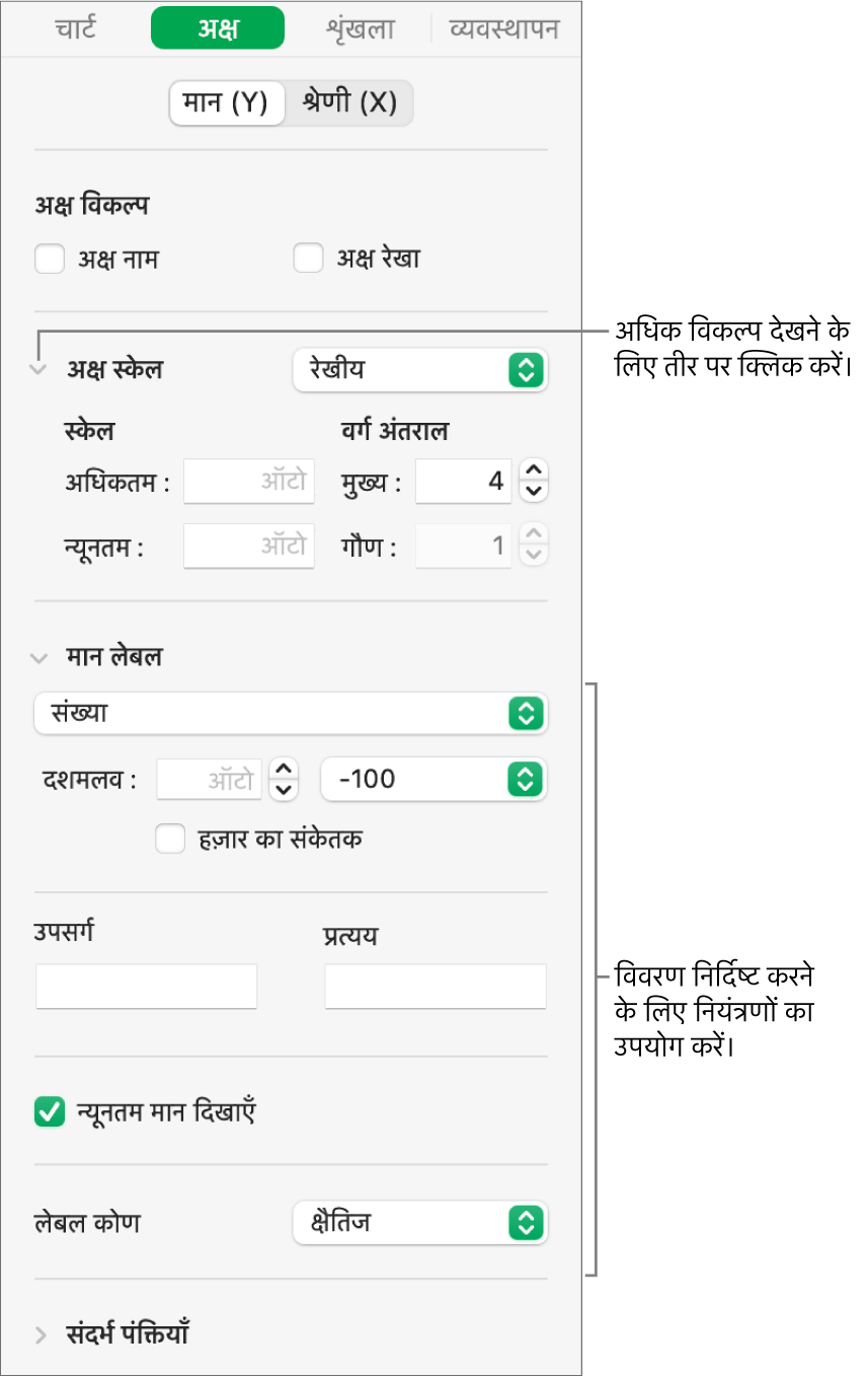 चार्ट अक्ष चिह्नों के फ़ॉर्मैट के लिए नियंत्रण।