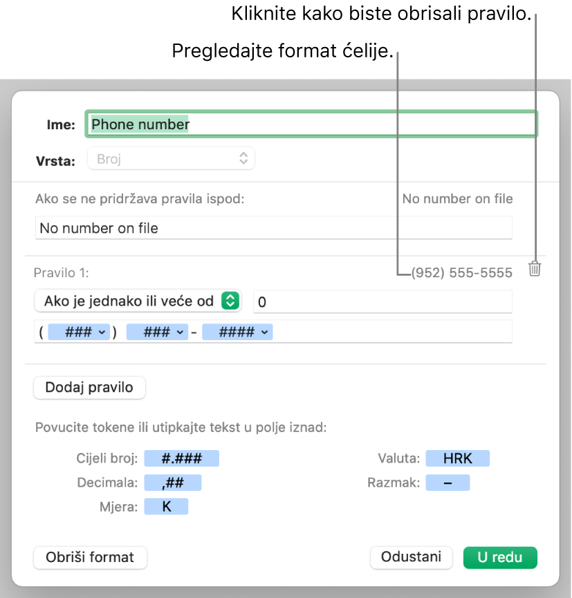 Vlastiti format brojčanih ćelija s pravilima.