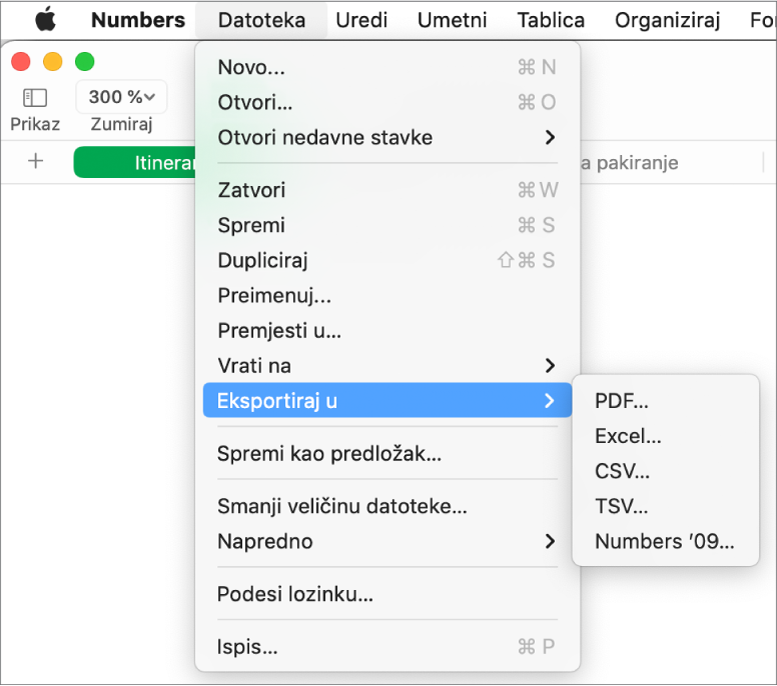 Izbornik Datoteka otvoren s odabranom opcijom Eksportiraj u, te s podizbornikom u kojem se prikazuju mogućnosti eksportiranja za formate PDF, Excel, CSV i Numbers ’09.