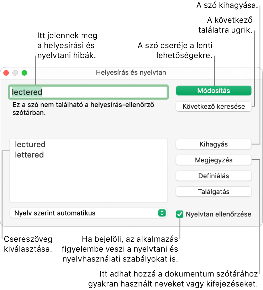 A Helyesírás és nyelvtan ablak.