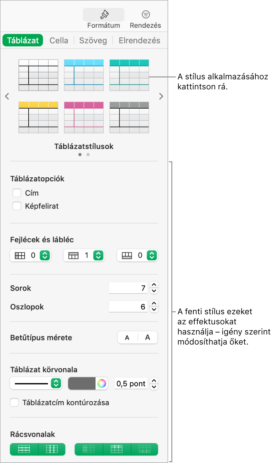 A táblázatstílusokat és formázási lehetőségeket megjelenítő Formátum oldalsáv.