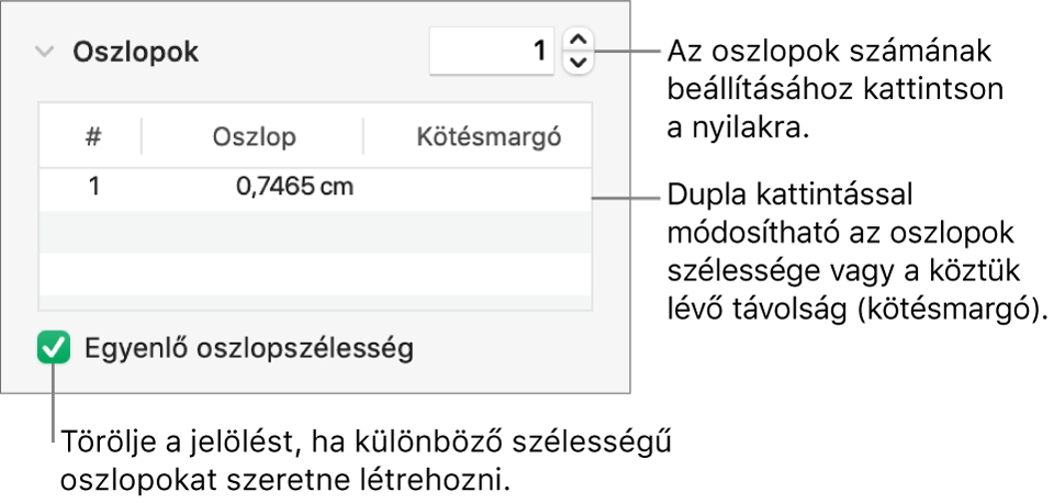 Vezérlők az oszlop szakaszban a hasábok számának és az egyes hasábok szélességének módosításához.