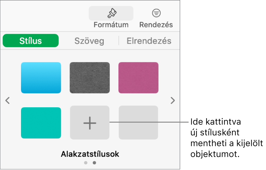 A Formátum oldalsáv Stílus lapja négy képstílussal, egy Stílus létrehozása gombbal, illetve egy üres stílushelyőrzővel.