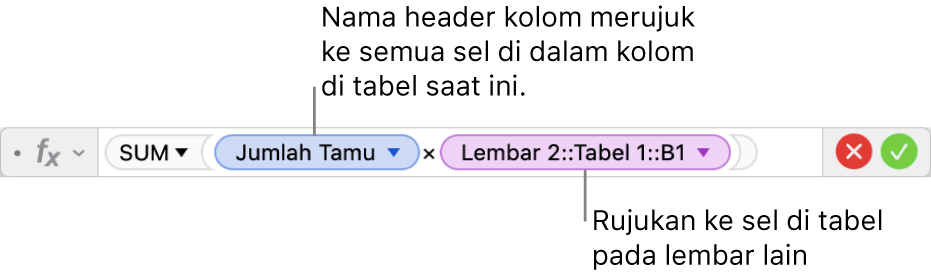 Editor Formula menampilkan formula yang merujuk pada kolom di satu tabel dan sel di tabel lain.