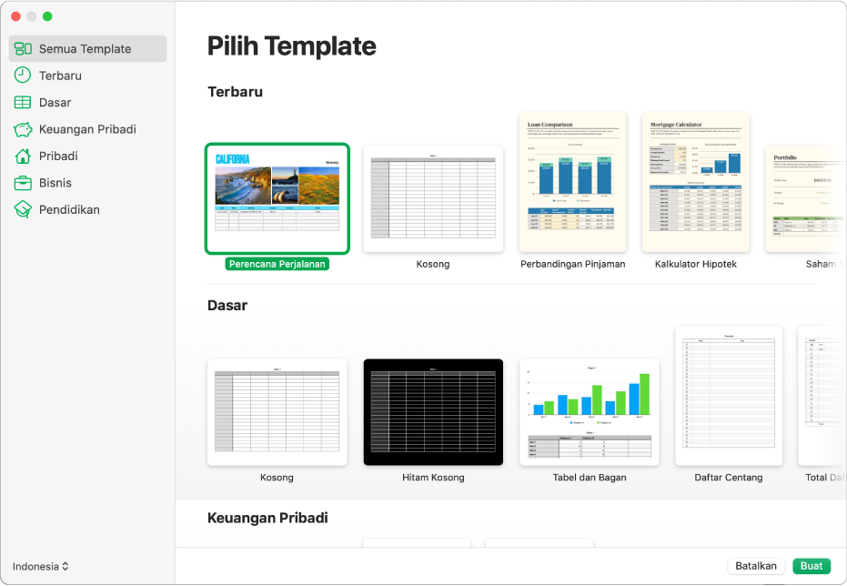 Pemilih template. Bar samping di sebelah kiri mencantumkan kategori template yang dapat Anda klik untuk memfilter pilihan. Di sebelah kanan adalah gambar mini template yang dirancang sebelumnya yang diatur menurut kategori, dimulai dengan Terbaru di bagian atas dan diikuti oleh Dasar dan Keuangan Pribadi. Menu pop-up Bahasa dan Wilayah ada di pojok kiri bawah dan tombol Batalkan serta Buat ada di pojok kanan bawah.