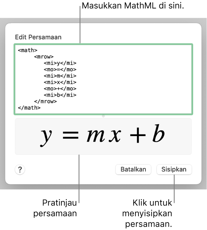 Persamaan untuk kemiringan garis di bidang Edit Persamaan, dan pratinjau formula di bawah.