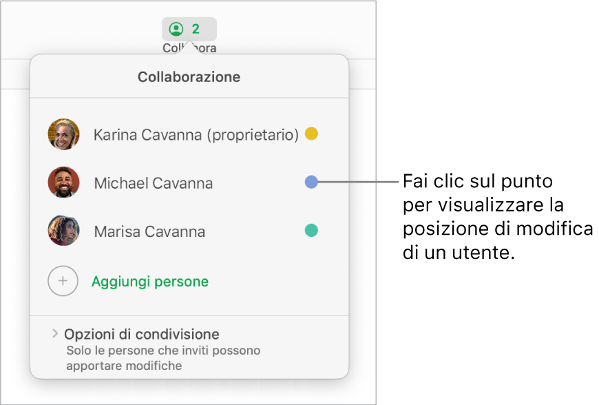 L'elenco dei partecipanti con tre partecipanti e un punto colorato diverso a destra di ciascun nome.