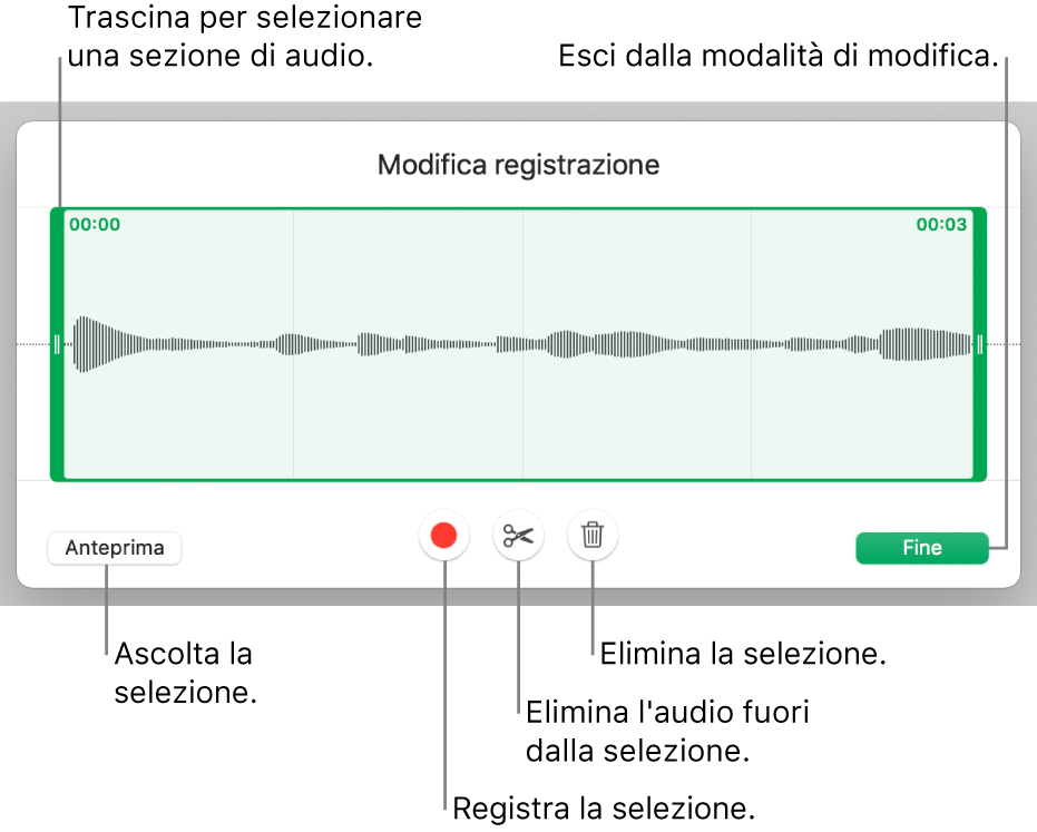 Controlli per modificare una registrazione audio. Maniglie che indicano la sezione selezionata della registrazione con pulsanti Anteprima, Registra, Taglia, Elimina e per la modalità di modifica al di sotto.