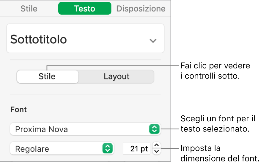 Controlli del testo nella sezione Stile della barra laterale Formattazione per impostare font e dimensione del font.