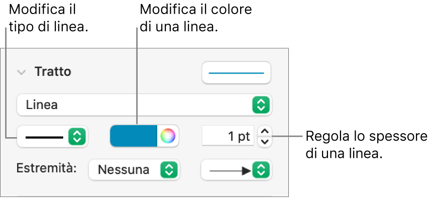 Controlli per il tratto, per impostare i punti finali, lo spessore della linea e il colore.