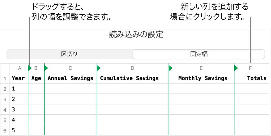 固定幅のテキストファイルの読み込み設定。