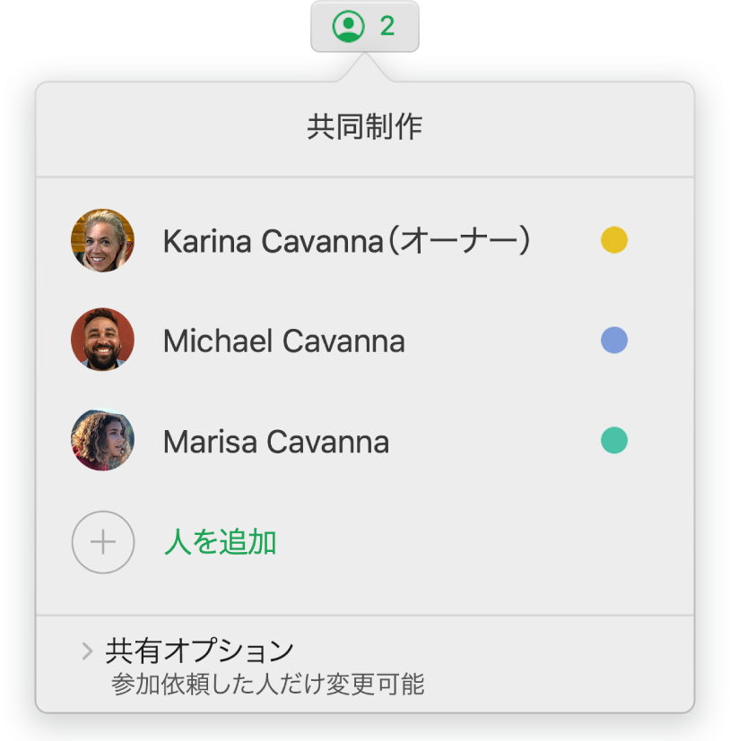 「共同制作」メニュー。スプレッドシートで共同制作している人の名前が表示されています。名前の下に「共有オプション」があります。