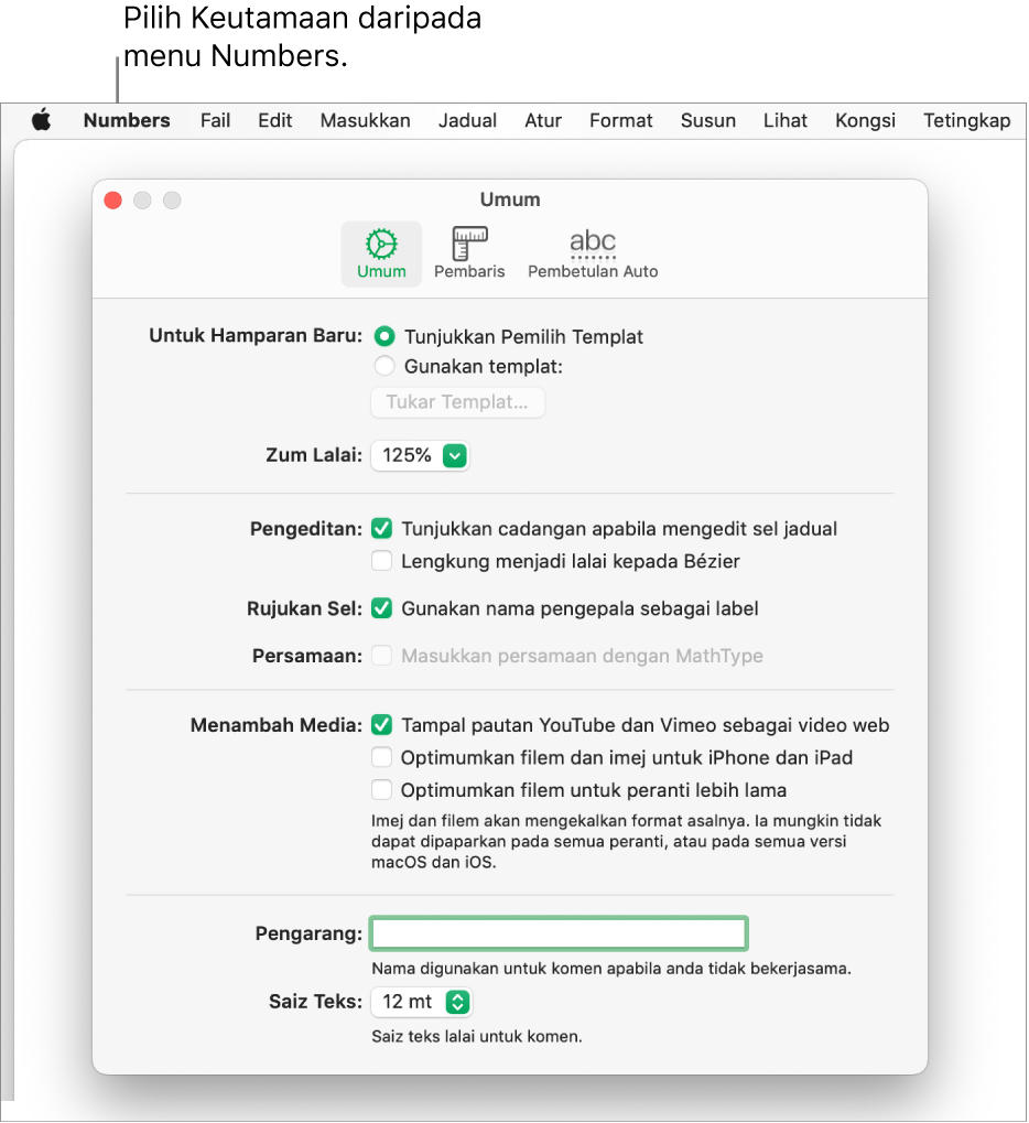 Dialog Keutamaan Numbers yang menunjukkan panel seting Umum.