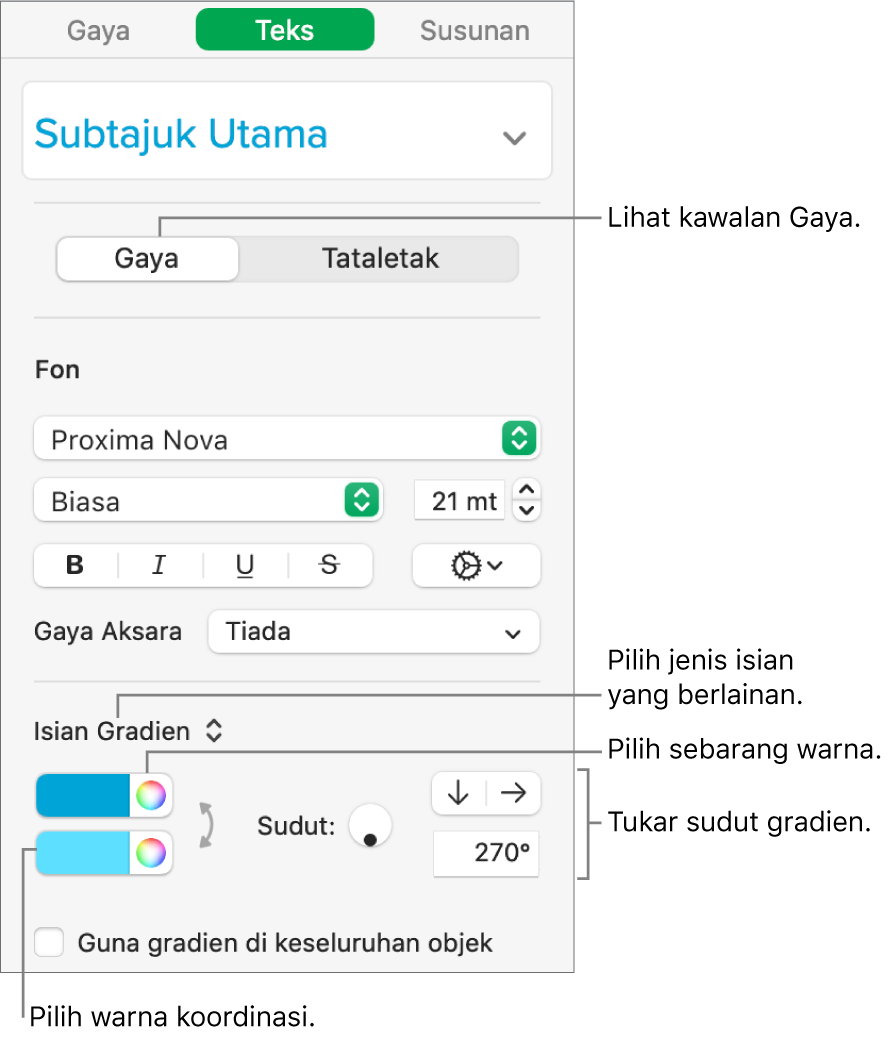 Bar sisi teks, menunjukkan cara untuk menukar warna teks.