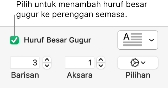 Kotak semak Huruf Besar Gugur dipilih dan menu timbul kelihatan di sebelah kanan; kawalan untuk mengeset ketinggian baris, bilangan aksara dan pilihan lain kelihatan di bawah.