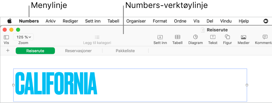 Menylinjen øverst på skjermen med menyene Apple, Numbers, Arkiv, Rediger, Sett inn, Format, Ordne, Vis, Del, Vindu og Hjelp. Under menylinjen er det et åpent Numbers-regneark med verktøylinjeknapper øverst for Vis, Zoom, Legg til kategori, Sett inn, Tabell, Diagram, Tekst, Figur, Medier og Kommentar.