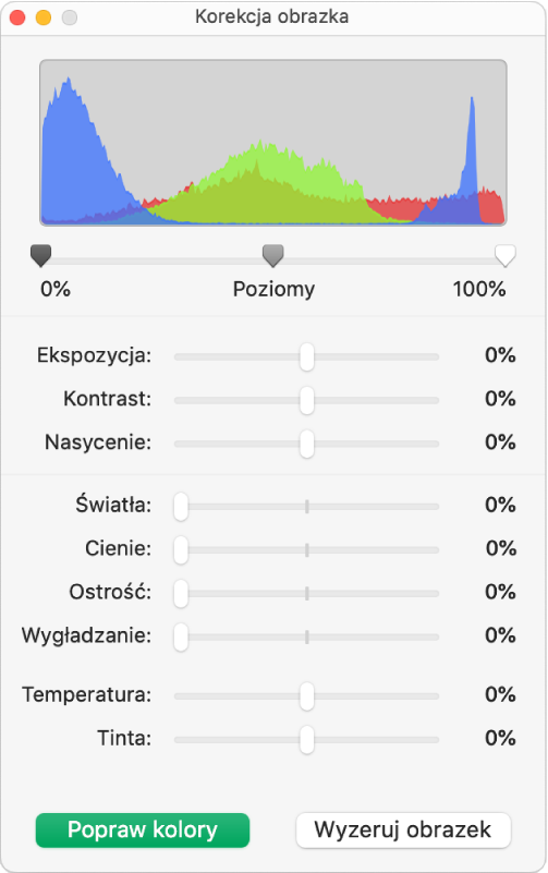 Okno korekcji obrazka, zawierające suwaki do ustawiania ekspozycji, kontrastu, nasycenia, świateł, cieni, ostrości, wygładzania, temperatury i tinty.