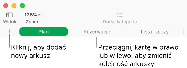 Pasek kart pozwalający na dodawanie nowego arkusza i porządkowanie arkuszy.