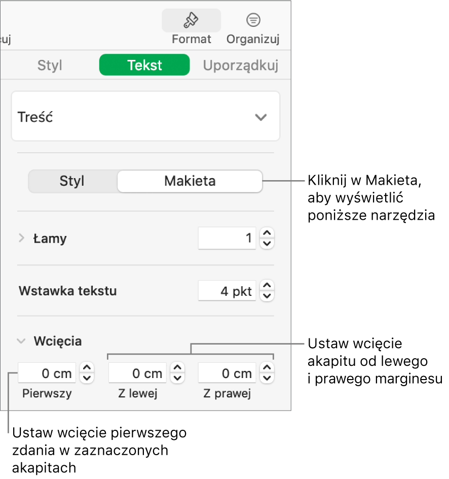 Sekcja Makieta na pasku bocznym Format, zawierająca narzędzia ustawiania wcięcia pierwszego wiersza oraz marginesów akapitu.