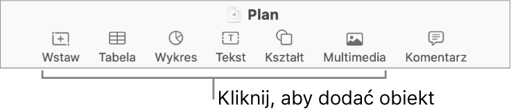 Okno Numbers z objaśnieniami wskazującymi przyciski na pasku narzędzi.