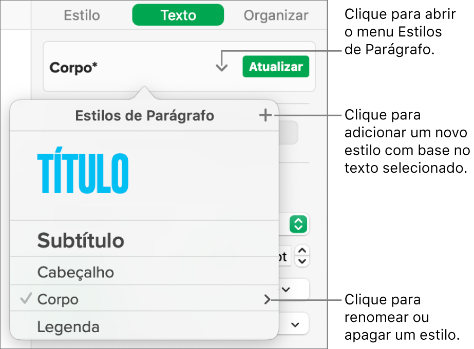 Menu Estilos de Parágrafo, exibindo os controles para adicionar ou alterar um estilo.