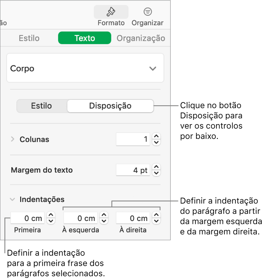 A secção Disposição da barra lateral de formatação a mostrar controlos para definir a indentação da primeira linha e as margens de parágrafo.