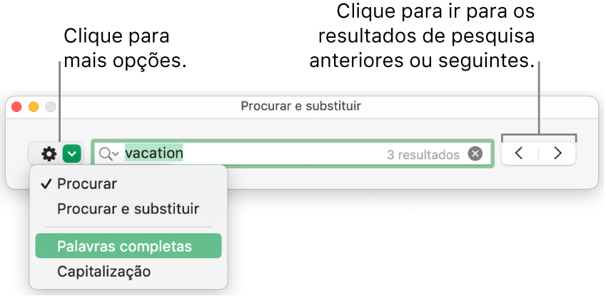 Janela “Procurar e substituir” com chamadas para o botão para mostrar as opções Procurar, “Procurar e substituir”, “Palavras inteiras” e “Caixa alta/baixa”. As setas à direita permitem ir para os resultados de pesquisa anterior ou seguinte.