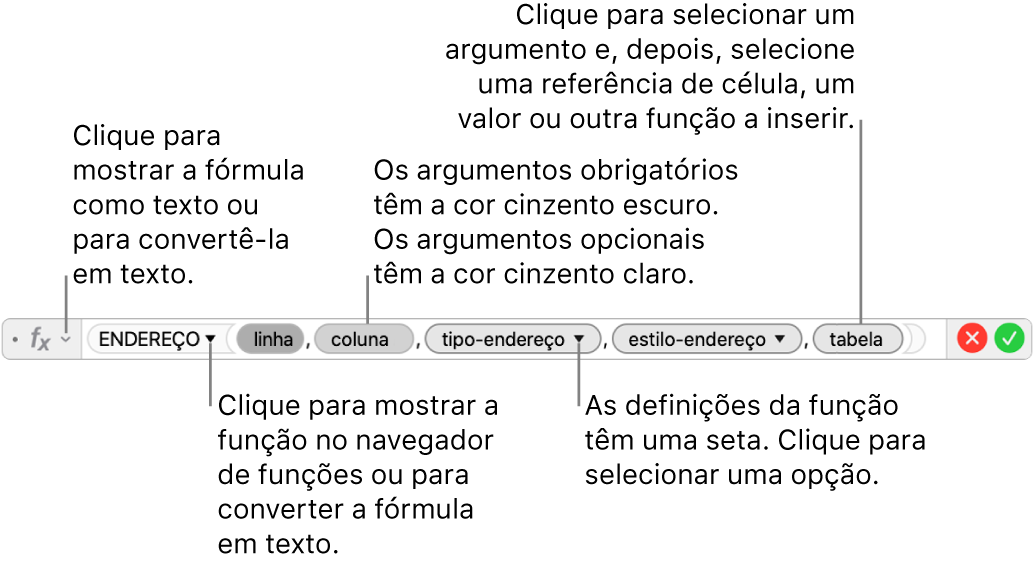 O editor de fórmulas a mostrar a função ENDEREÇO e os respetivos símbolos de argumentos.