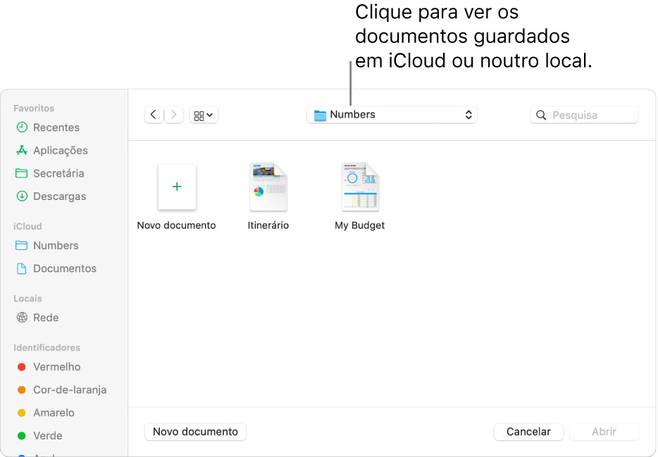 A caixa de diálogo Abrir com a barra lateral aberta à esquerda e iCloud Drive selecionado no menu pop-up na parte superior. As pastas para Keynote, Numbers e Pages aparecem na caixa de diálogo juntamente com um botão “Novo documento”.