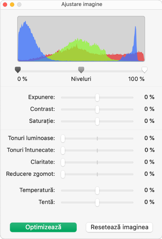 Fereastra Ajustare imagine cu glisoare pentru configurarea expunerii, contrastului, saturației, tonurilor luminoase și întunecate, clarității, reducerii zgomotului, temperaturii și nuanței.
