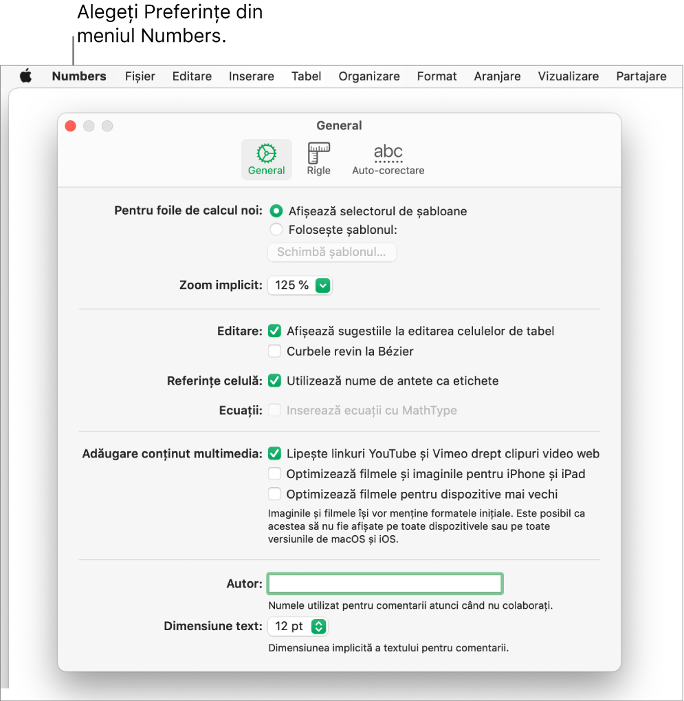 Dialogul Preferințe Numbers afișând panoul de setări General.