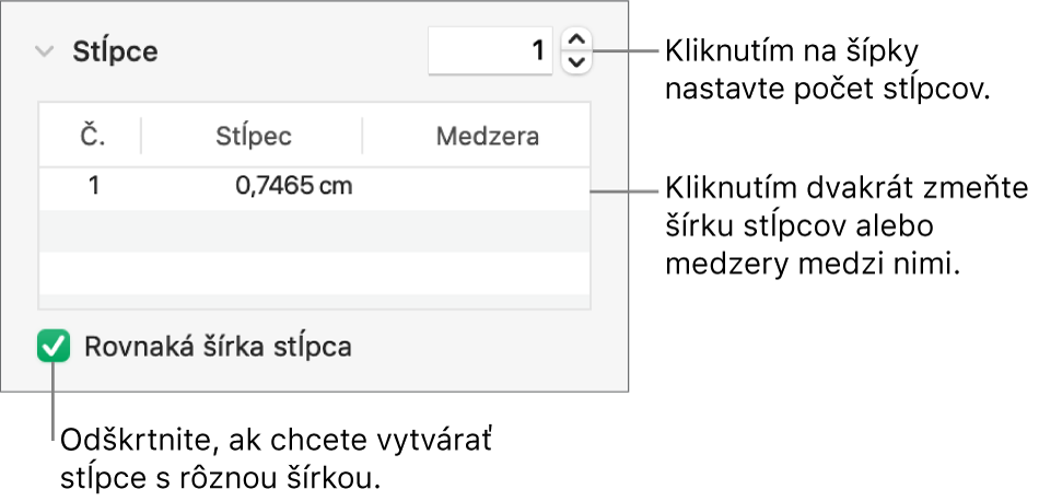 Ovládacie prvky v časti Stĺpce na zmenu počtu stĺpcov a šírky jednotlivých stĺpcov.