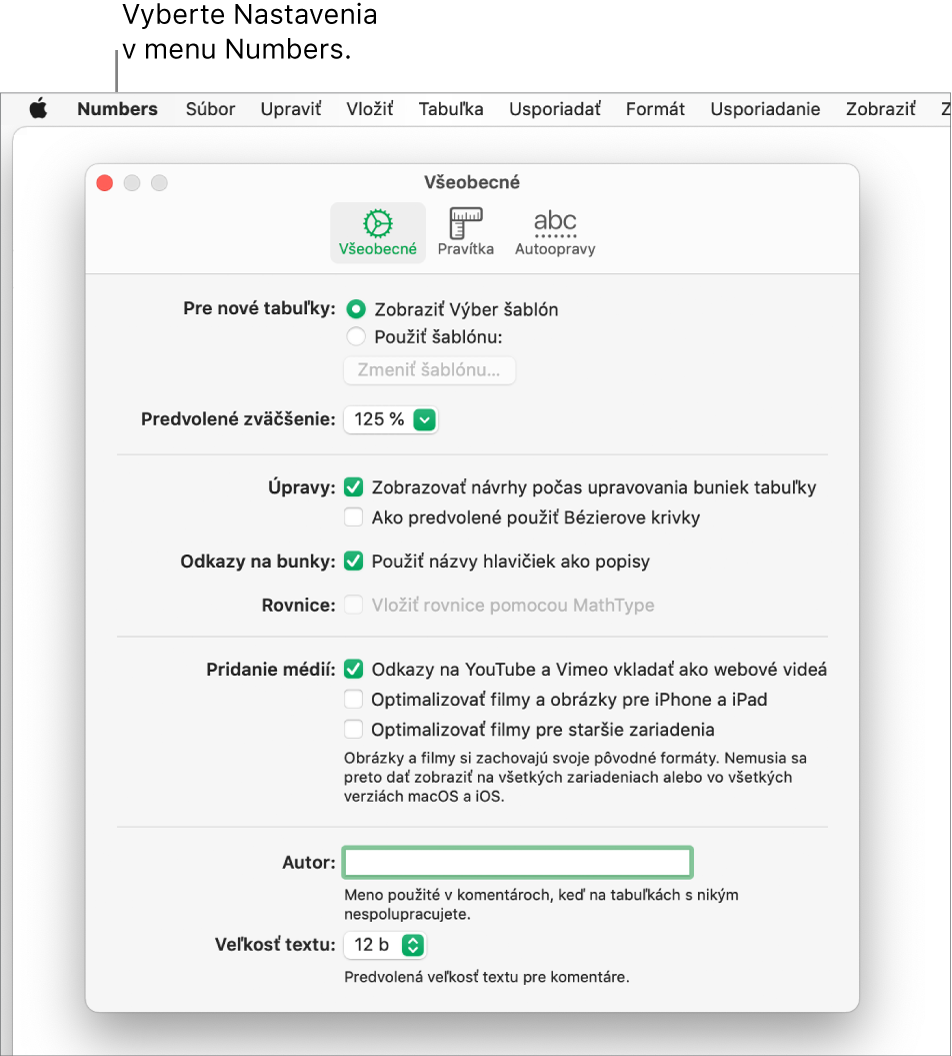 Dialógové okno nastavení apky Numbers zobrazujúce panel so všeobecnými nastaveniami.