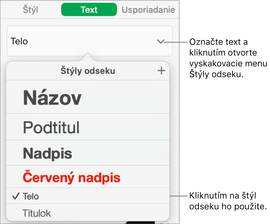 Menu Štýly odseku so symbolom zaškrtnutia vedľa označeného štýlu.