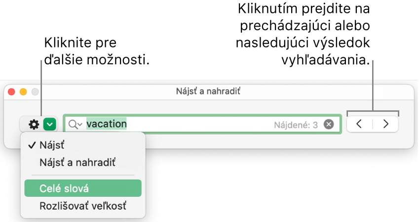 Okno Hľadať a nahradiť s textovými bublinami tlačidla na zobrazenie možností Hľadať, Hľadať a nahradiť, Celé slová a Prispôsobiť veľkosť písma. Šípky napravo vám umožňujú prejsť na predchádzajúce alebo nasledujúce výsledky vyhľadávania.