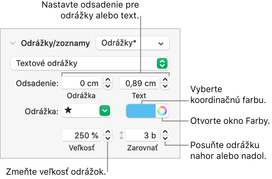 Časť Odrážky a zoznamy s bublinami popisujúcimi ovládacie prvky pre odsadenie odrážky a textu, farbu odrážky, veľkosť odrážky a zarovnanie.