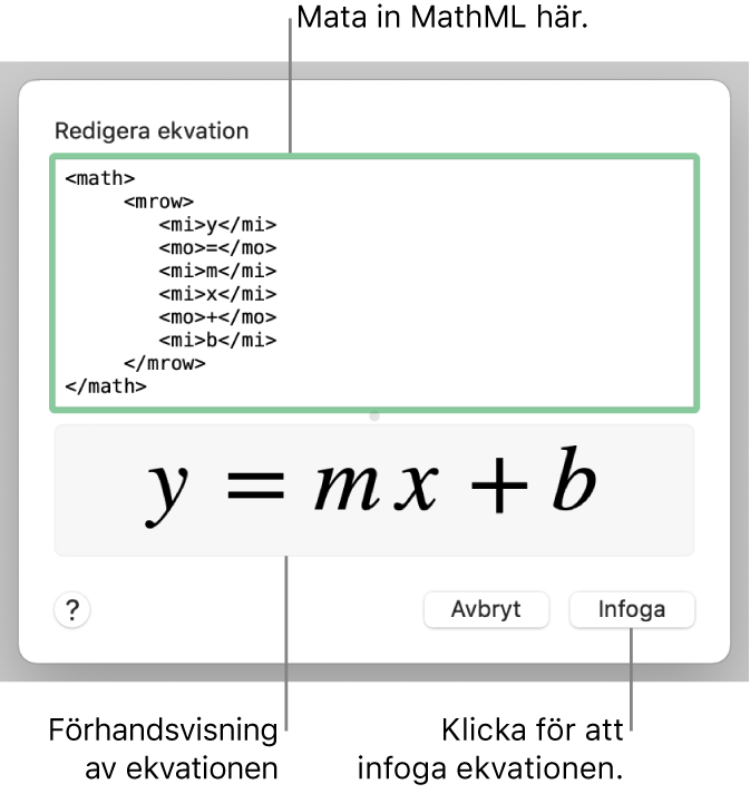 Ekvationen för en linjes lutning i ekvationsredigeringsfältet och en förhandsvisning av formeln nedanför.