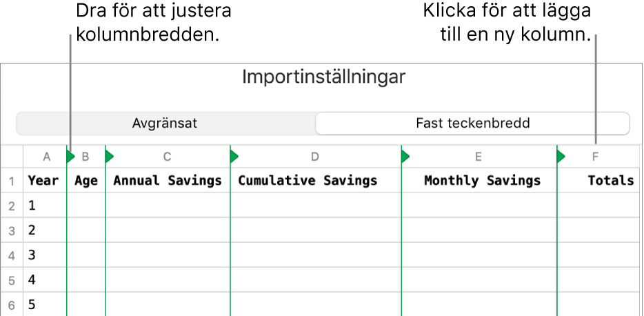 Importinställningar för en textfil med fast teckenbredd.