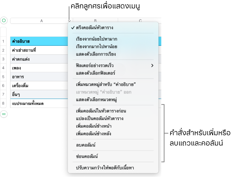 เมนูคอลัมน์ตารางที่มีคำสั่งสำหรับเพิ่มหรือลบแถวและคอลัมน์