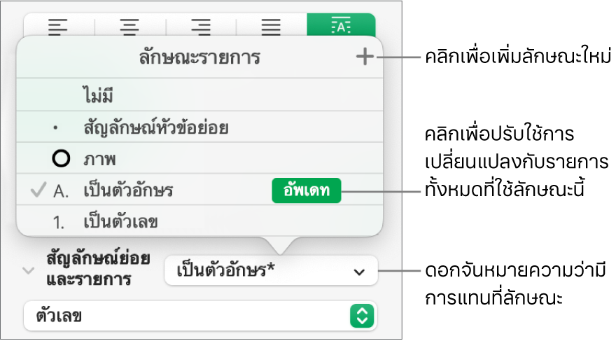 เมนูลักษณะรายการที่แสดงขึ้นที่มีเครื่องหมายดอกจันซึ่งบ่งบอกถึงการแทนที่และคำอธิบายปุ่มลักษณะใหม่ และเมนูย่อยของตัวเลือกสำหรับจัดการลักษณะ