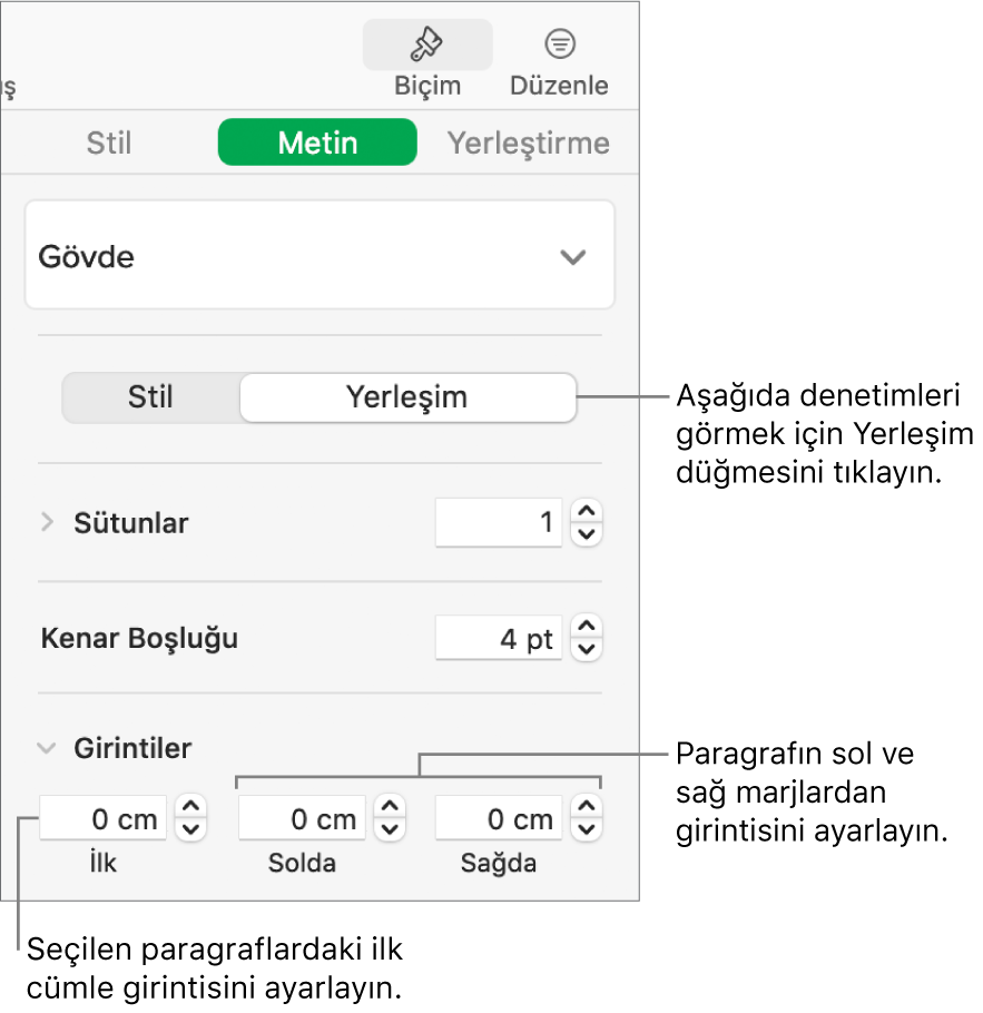 İlk satır girintisini ve paragraf marjlarını ayarlama denetimlerini gösteren Biçim kenar çubuğunun Yerleşim bölümü.