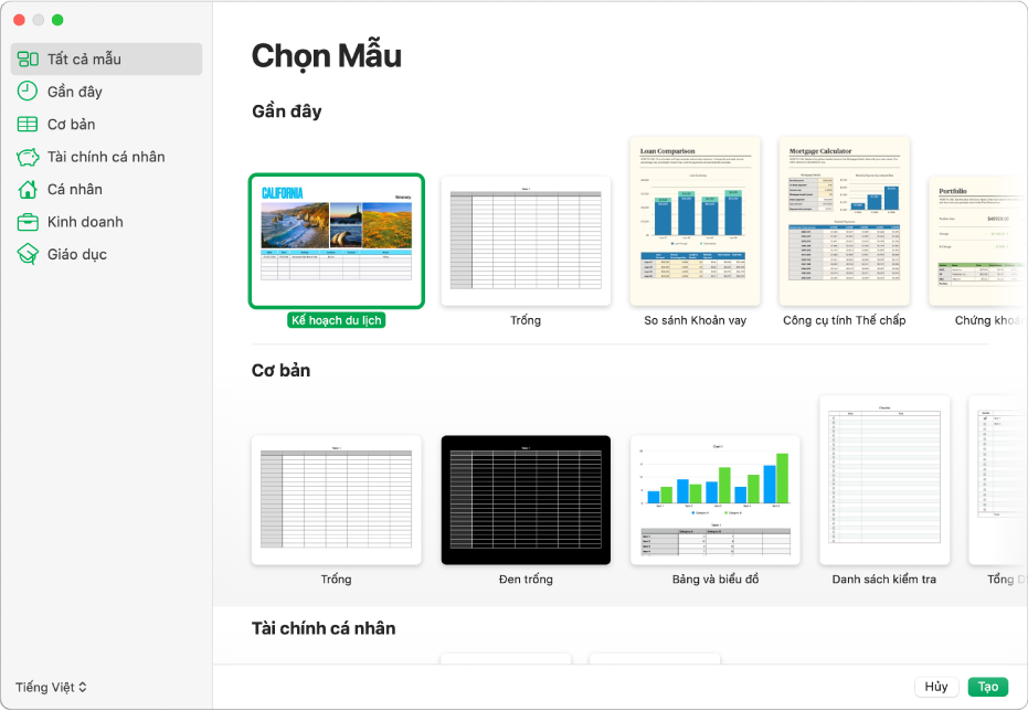 Mở bộ chọn mẫu. Một thanh bên ở bên trái liệt kê các danh mục mà bạn có thể bấm vào để lọc các tùy chọn. Ở bên phải là các hình thu nhỏ của các mẫu được thiết kế sẵn được sắp xếp trong các hàng theo danh mục, bắt đầu từ Gần đây ở trên cùng và tiếp theo là Cơ bản và Tài chính cá nhân. Menu bật lên Ngôn ngữ và vùng nằm ở góc dưới cùng bên trái và các nút Hủy và Tạo nằm ở góc dưới cùng bên phải.