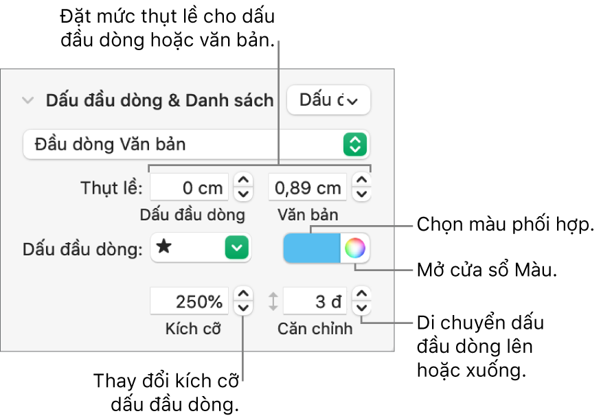 Phần Dấu đầu dòng & Danh sách với các lời nhắc đến các điều khiển cho thụt lề dấu đầu dòng và văn bản, màu dấu đầu dòng, kích cỡ dấu đầu dòng và căn chỉnh.