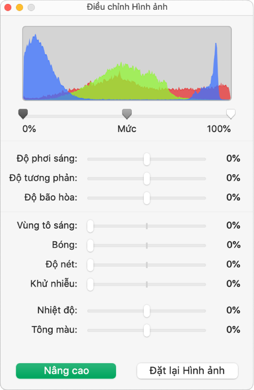 Cửa sổ Điều chỉnh hình ảnh với các thanh trượt để đặt độ phơi sáng, độ tương phản, độ bão hòa, vùng tô sáng, bóng đổ, độ nét, khử nhiễu, nhiệt độ và tông màu.