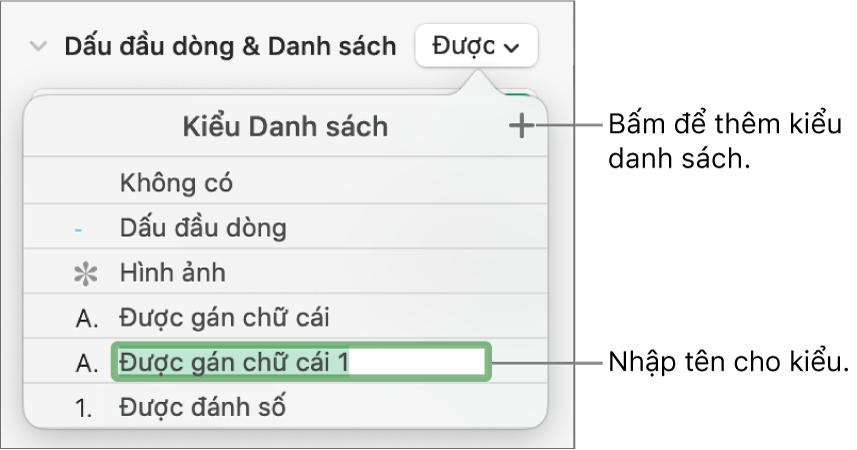 Menu bật lên Kiểu danh sách có nút Thêm ở góc trên cùng bên phải và tên kiểu giữ chỗ với văn bản được chọn.