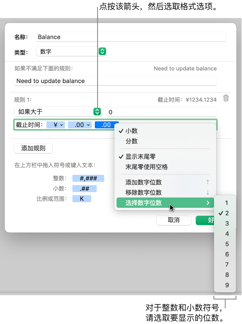 自定单元格式窗口，带有用于选取自定格式化选项的控制。