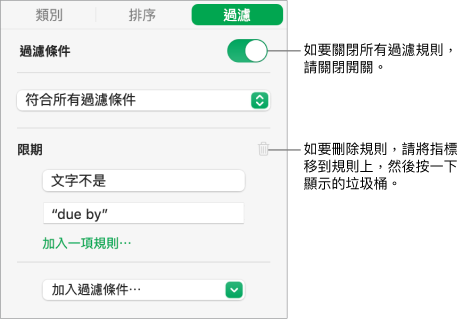 刪除過濾條件或關閉所有過濾條件的控制項目。