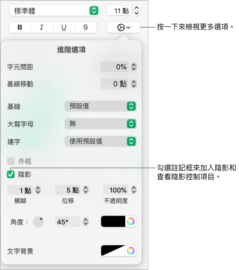 「進階選項」選單已打開並已勾選「陰影」註記框，還有設定模糊、位移、不透明度、角度和顏色的控制項目。